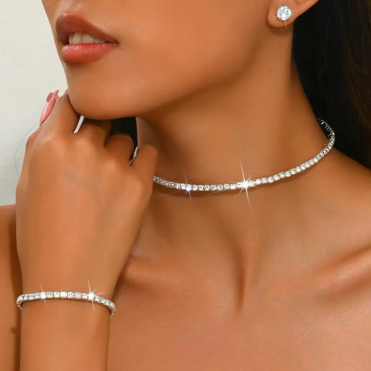 Wholesale European American Style Sparkling Diamond Jewelry Set-Cross-Border Fashion Necklace Earrings for Anniversary Gift
