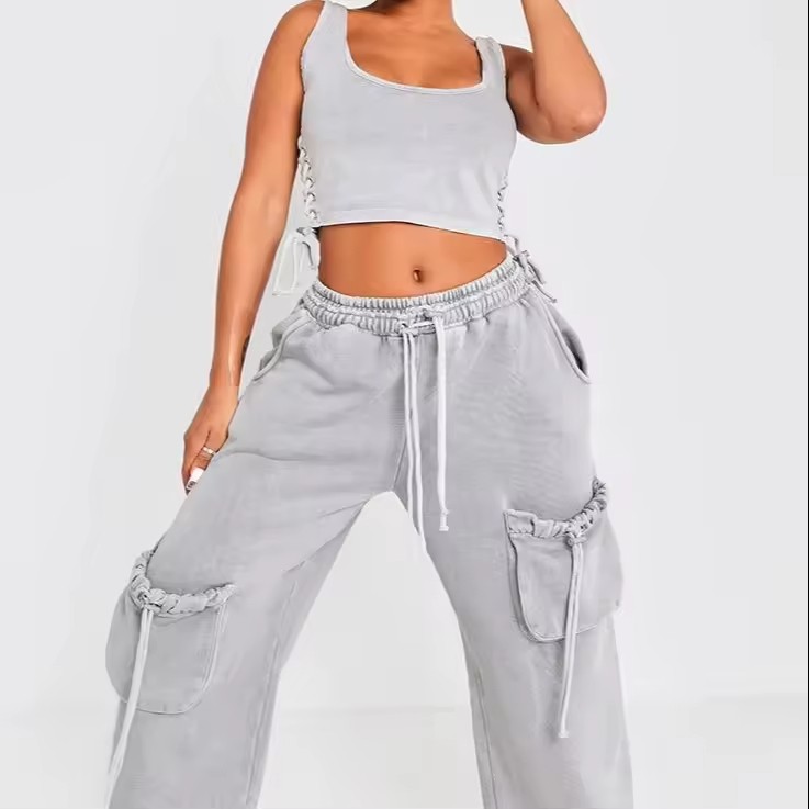 Custom Light Grey Washed Wide Leg Sweat Pants and Tshirt Blanc 2 Piece Lounge Women Crop Top Jogger Set