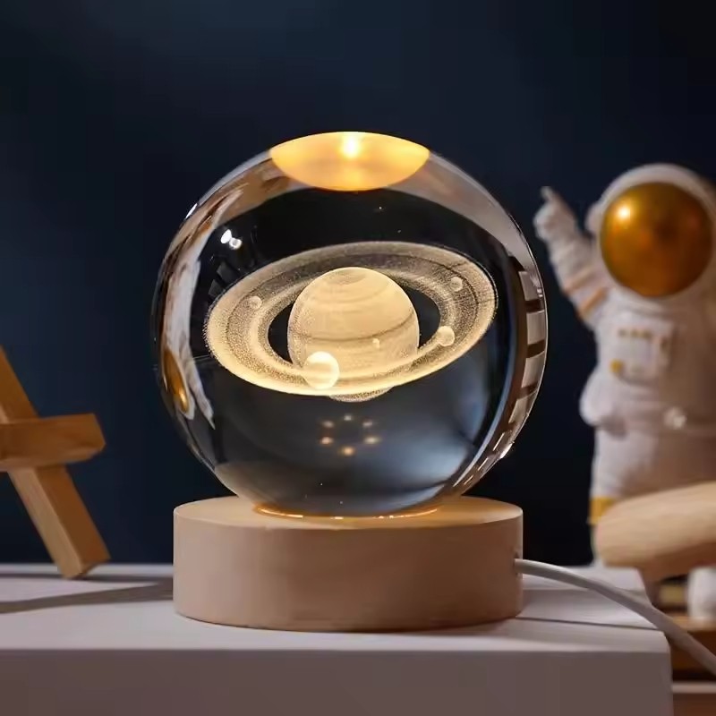 Best Selling Colorful 3d Planet Moon galaxy Crystal Ball Wood Base Led Night Glowing Light Gift